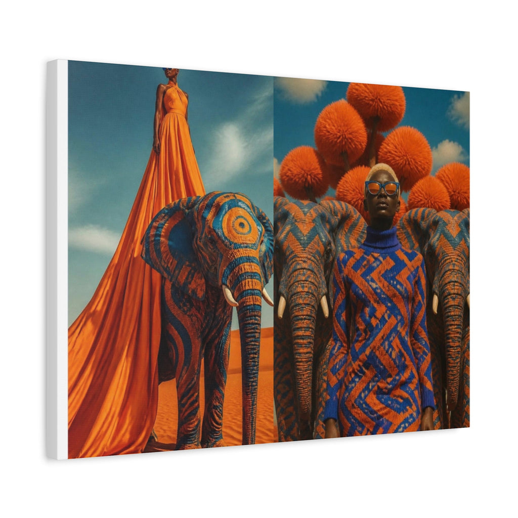 PURETE matte canvas print featuring a surreal artistic collage of elephants and models in vibrant orange and blue.