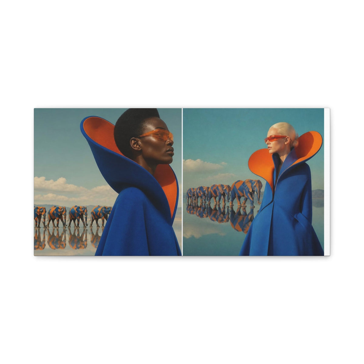 PURETE matte canvas print featuring a split-screen artistic portrait of two women in blue coats with orange accents.