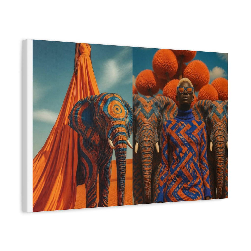 PURETE matte canvas print featuring a surreal desert scene with patterned elephants and a woman in an orange dress.