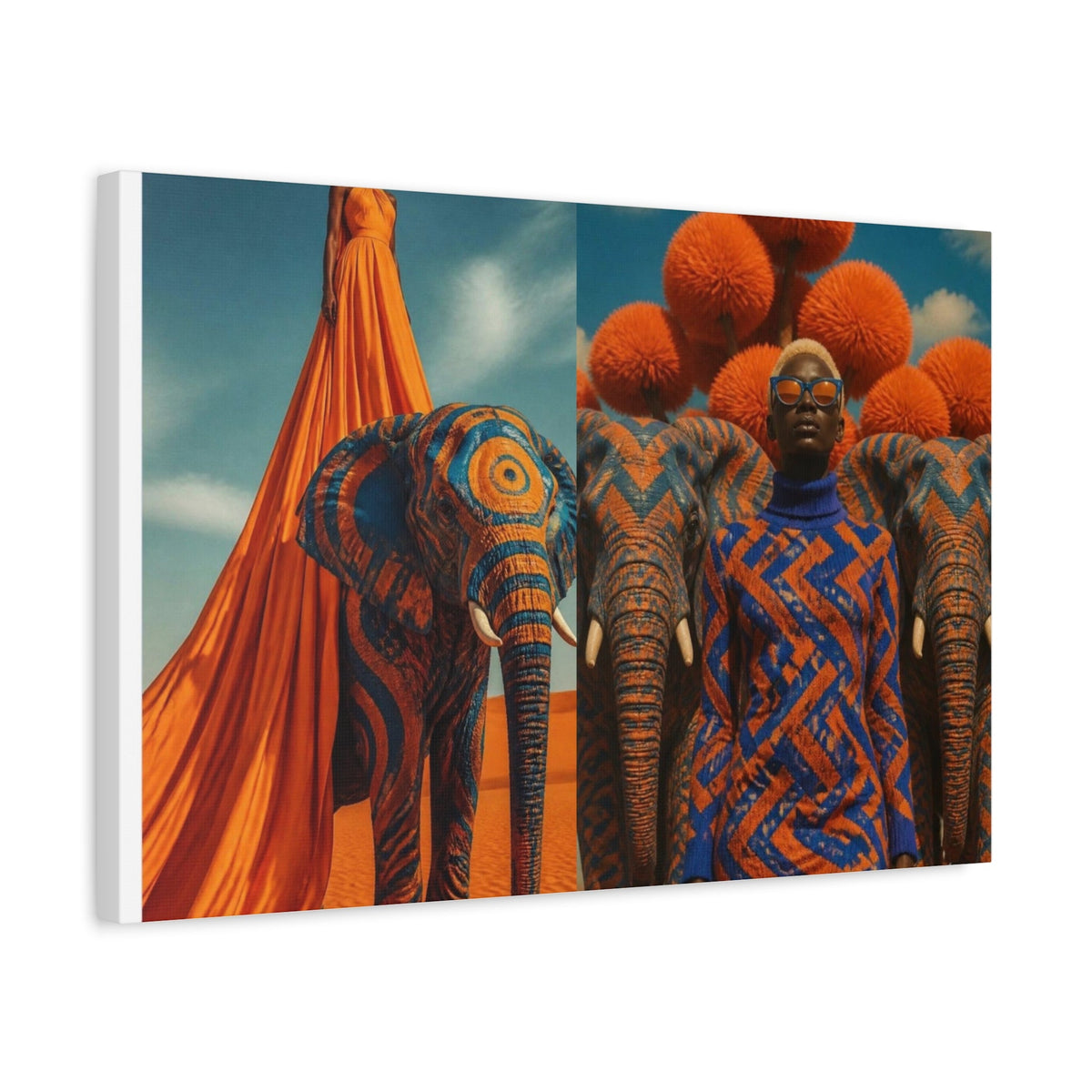 PURETE matte canvas print featuring a surreal desert scene with patterned elephants and a woman in an orange dress.