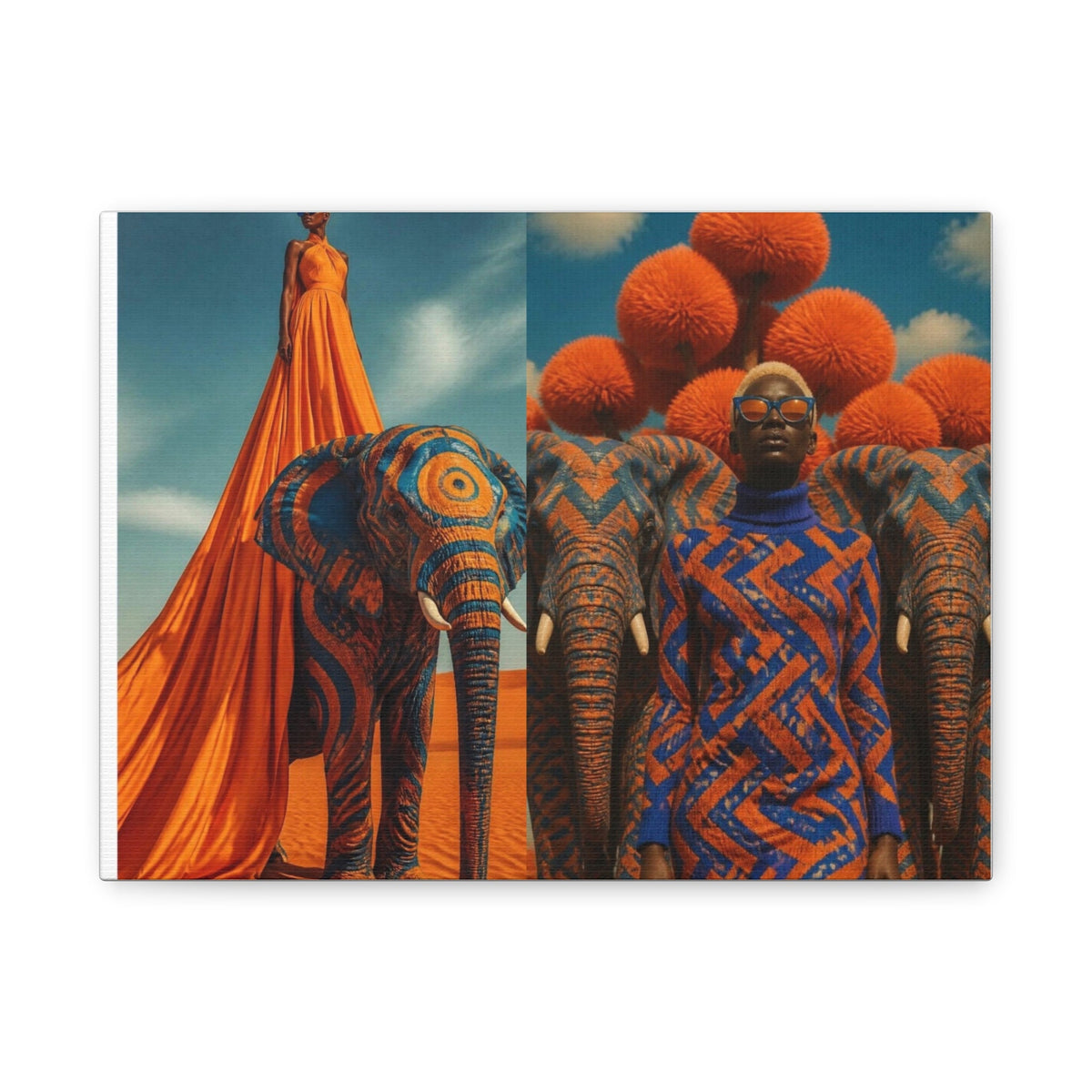 PURETE matte canvas featuring a surreal artistic collage of elephants and models in vibrant orange and blue tones.