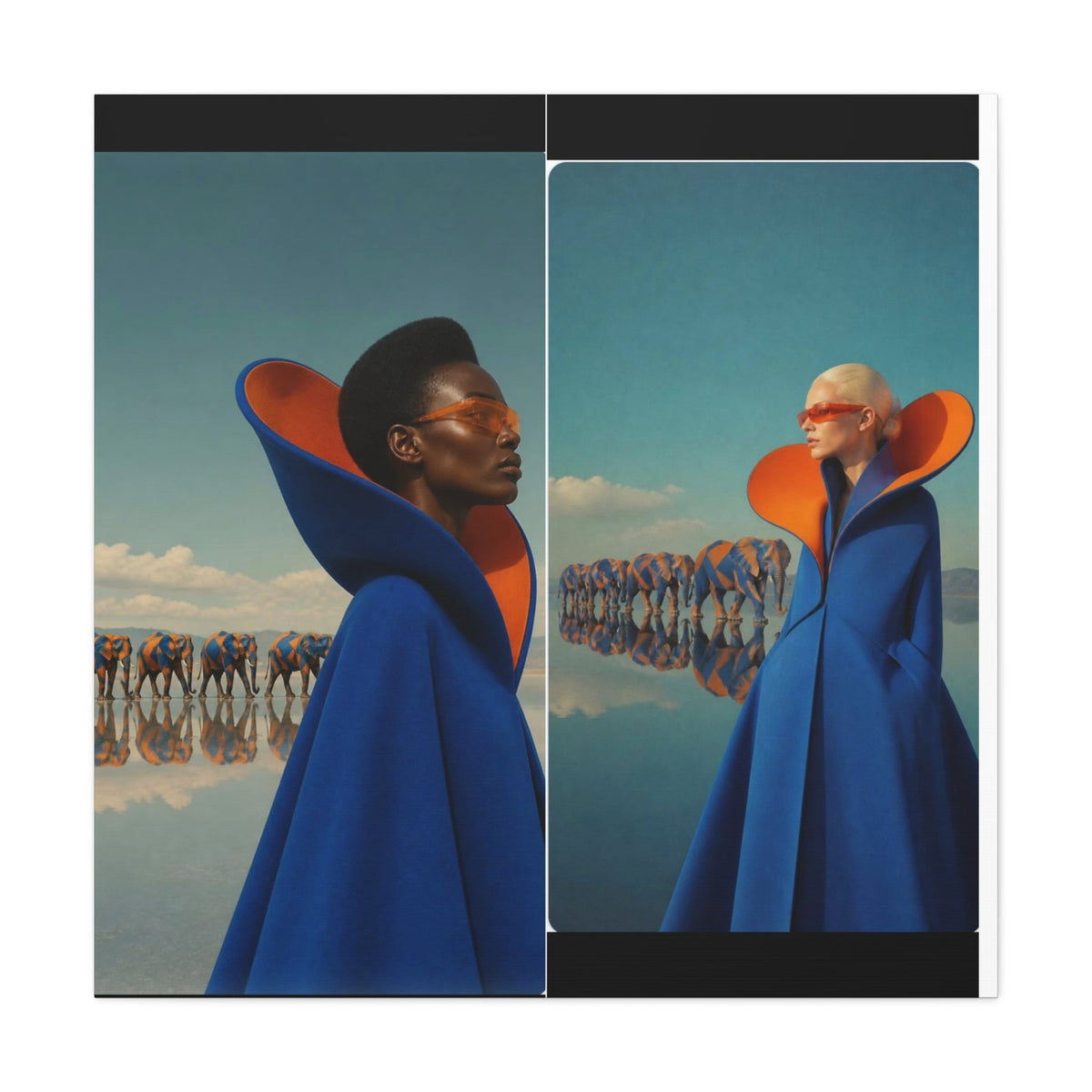 PURETE matte stretched canvas featuring a surreal fashion print of two models in blue and orange capes with elephants.