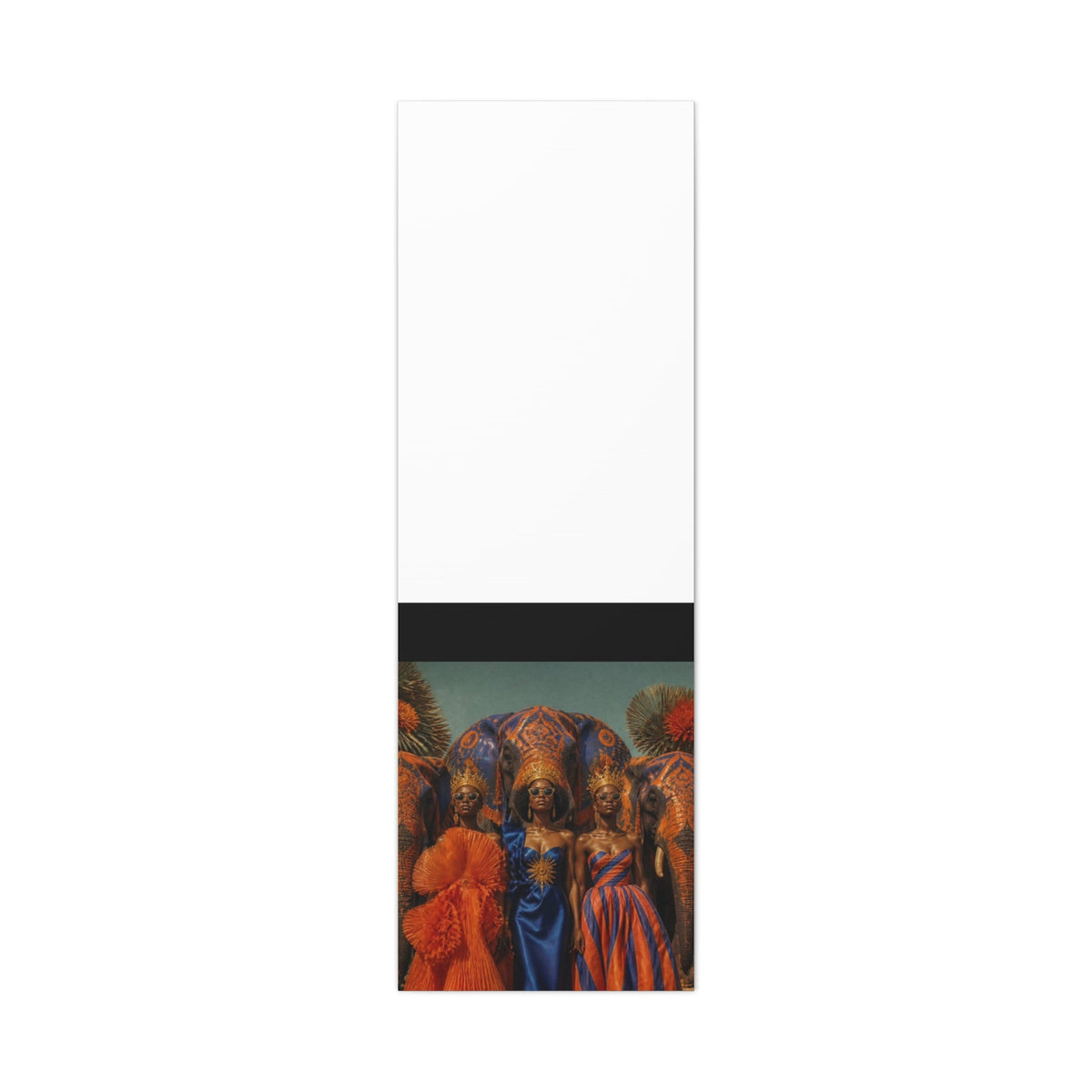 PURETE matte canvas featuring a vertical art print of three women in ornate crowns and vibrant dresses with elephants.