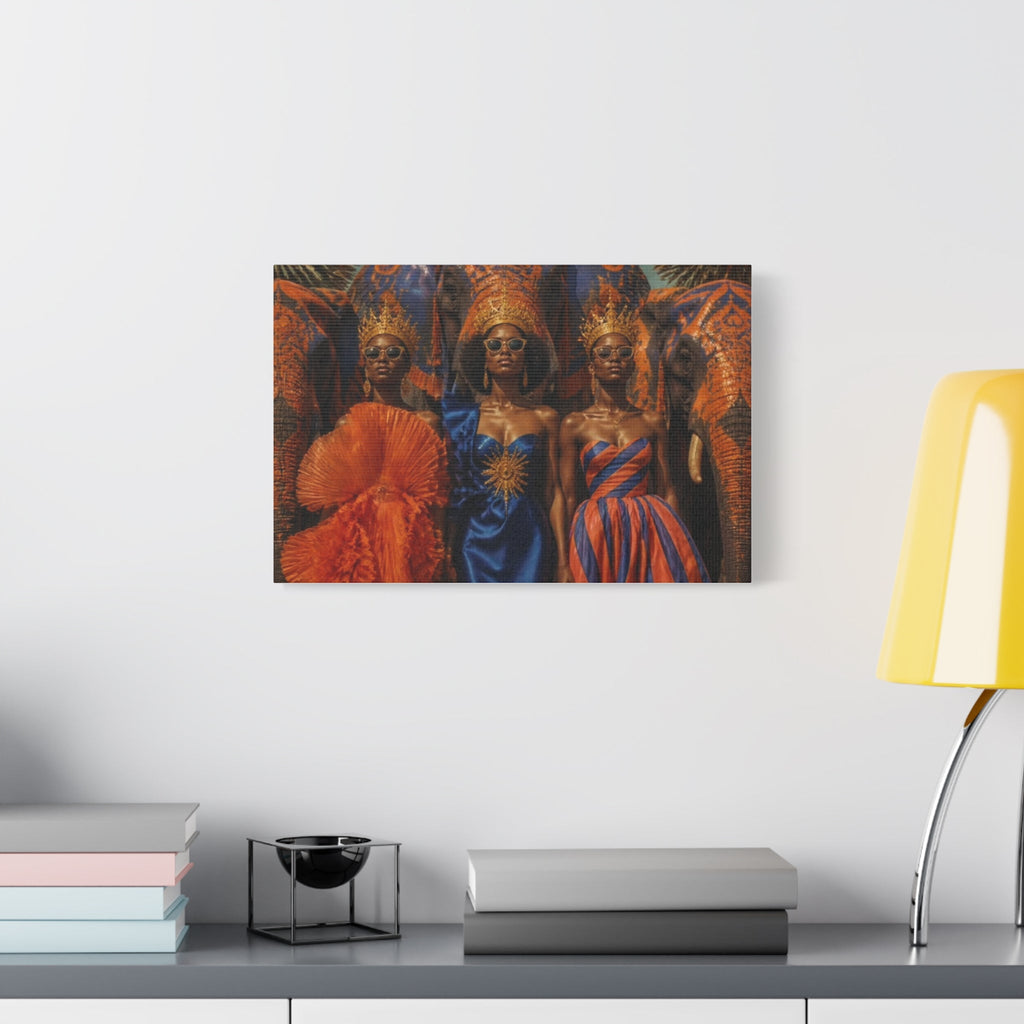 PURETE matte canvas print featuring three regal women in crowns and vibrant dresses with elephants on a white wall