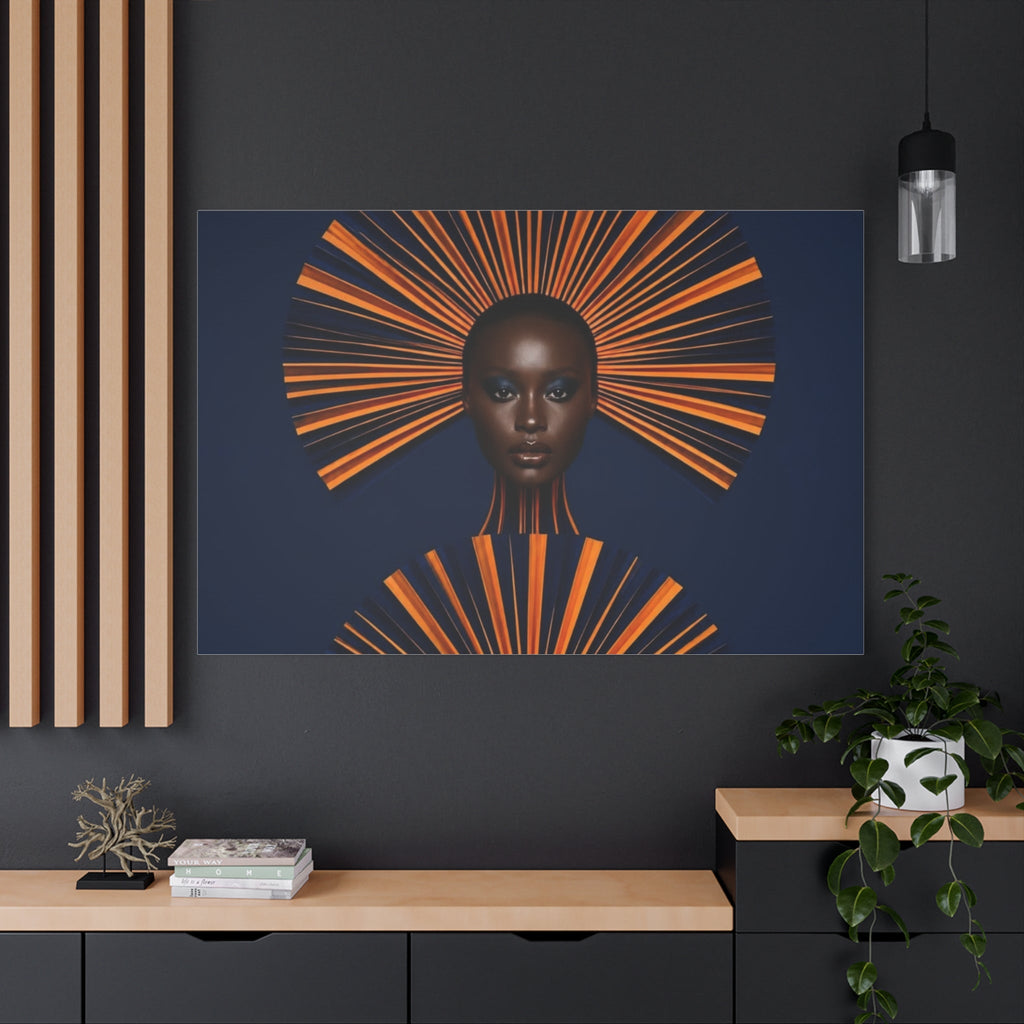 PURETE matte canvas featuring artistic portrait of a woman with orange sunburst headpiece on a dark blue background.