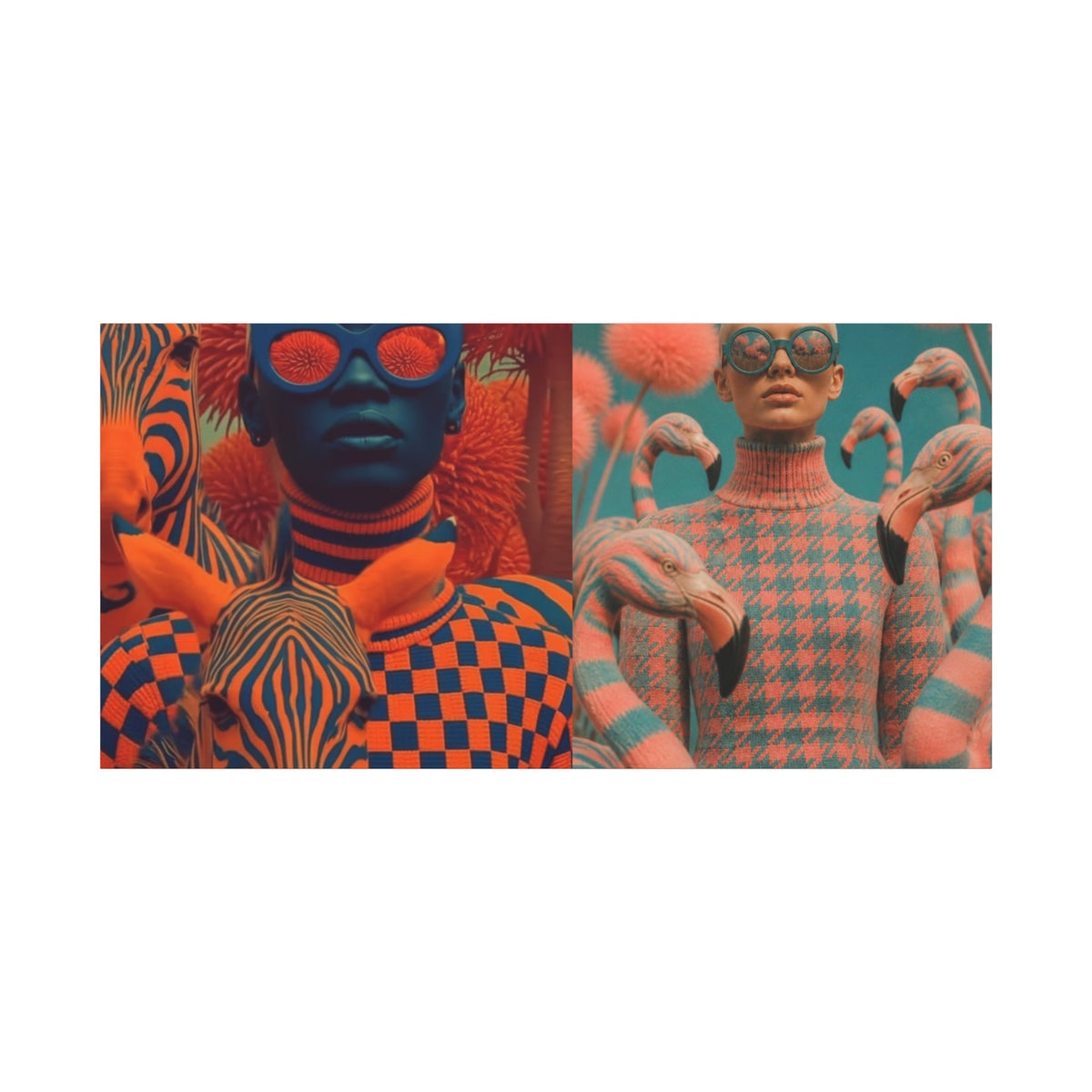 PURETE matte canvas featuring a split design with surreal orange zebra and pink flamingo patterns on models.
