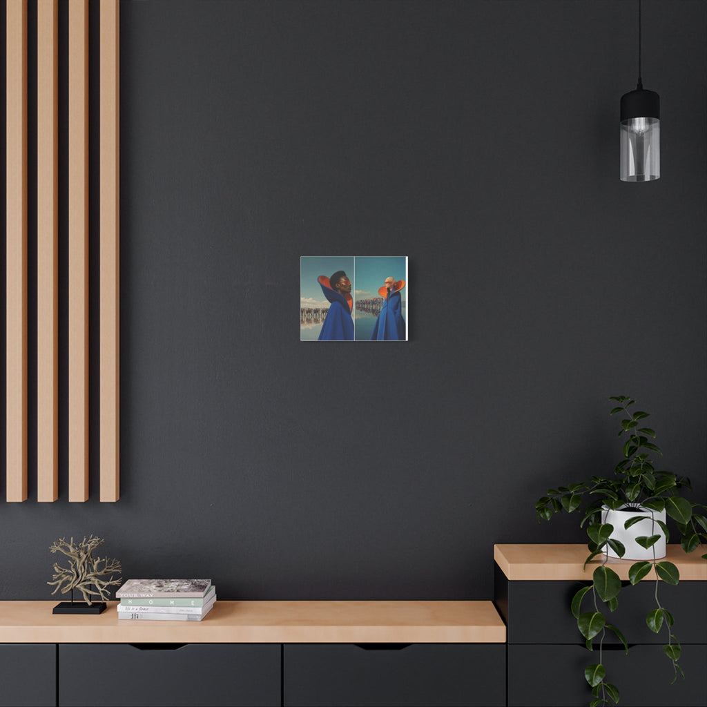 PURETE matte canvas print featuring a surreal portrait of two figures, displayed on a dark grey wall above a console.