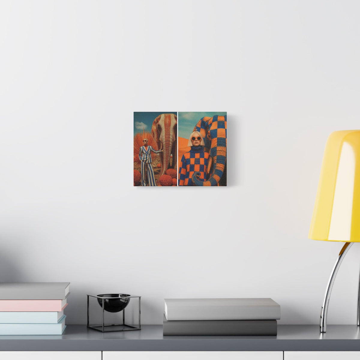 PURETE matte canvas wall art featuring surreal elephant and model artwork displayed on a minimalist white wall