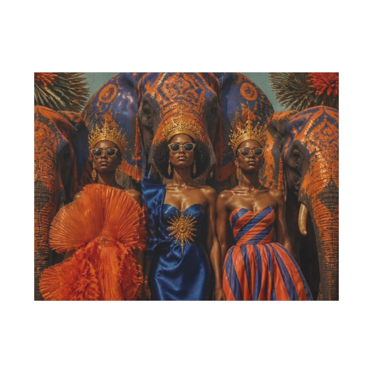 PURETE matte canvas print featuring three women in regal attire and crowns standing before ornate elephant statues.