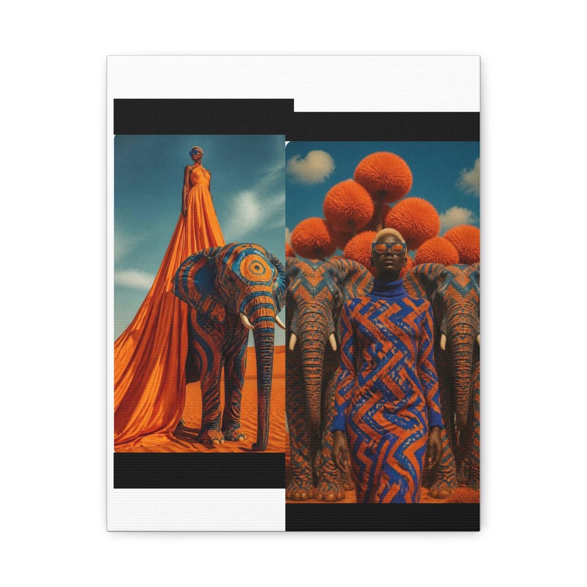 PURETE matte canvas print featuring a split-screen artistic collage of a model with elephants in orange and blue tones.