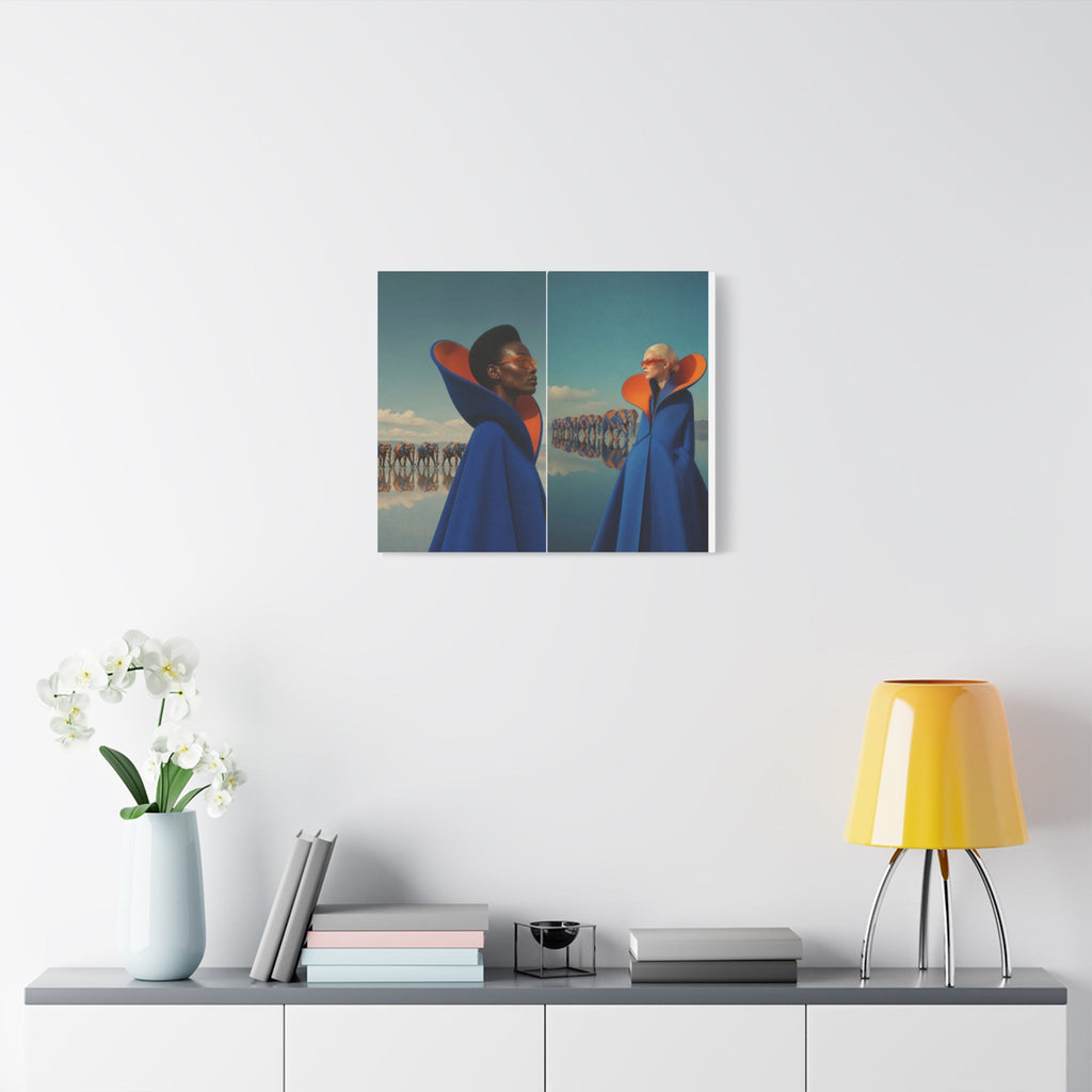 PURETE matte canvas print featuring surreal fashion art hanging on a white wall above a modern console table.