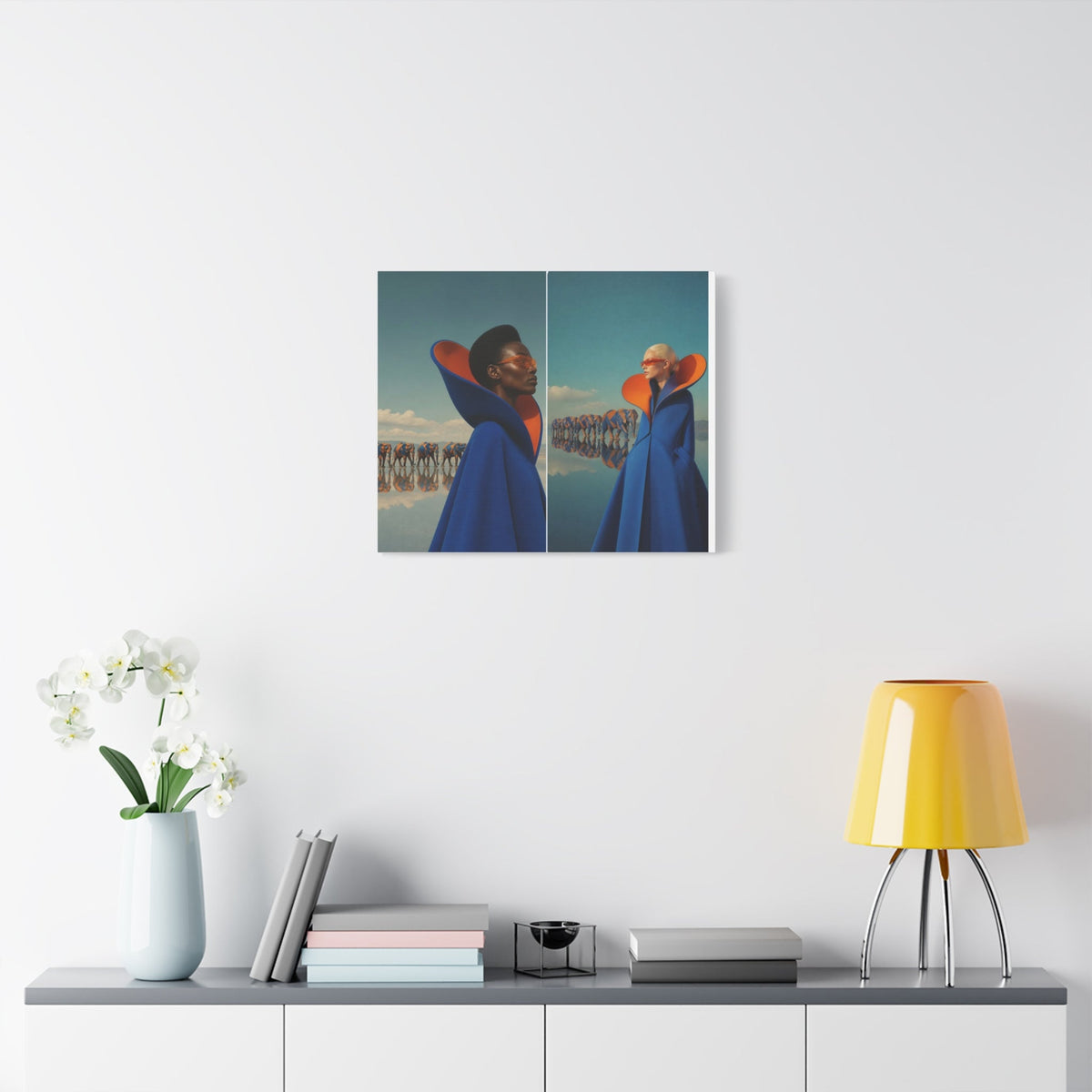 PURETE matte canvas print featuring surreal fashion art hanging on a white wall above a modern console table.