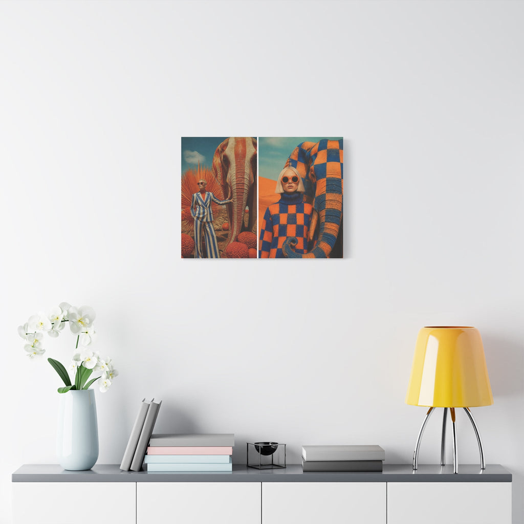 PURETE matte canvas diptych featuring surreal fashion photography of an elephant and model on a white living room wall.