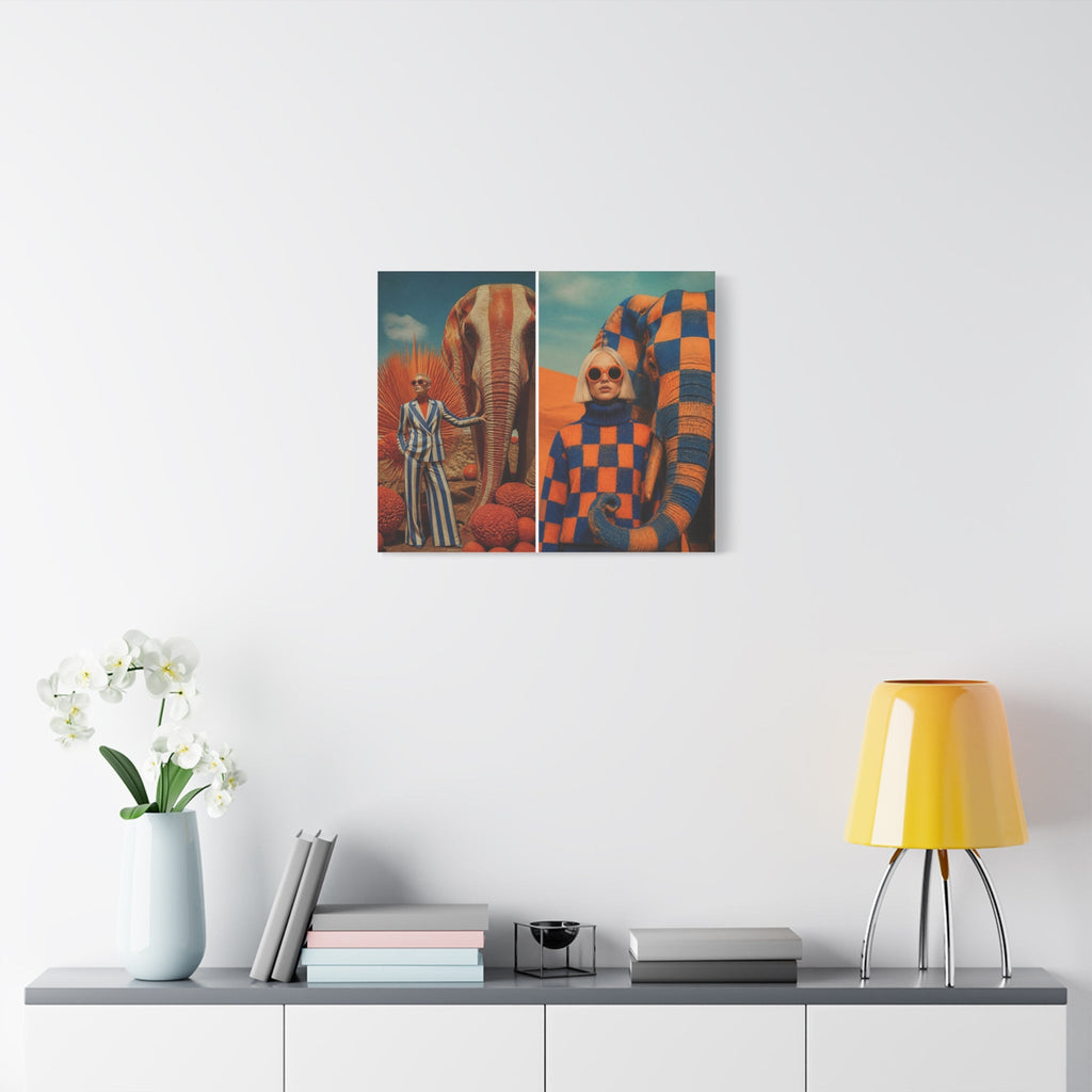 PURETE matte canvas diptych featuring surreal fashion photography hanging on a white wall above a modern console table.