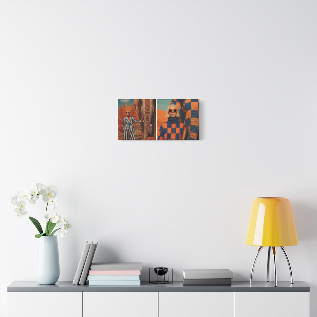 PURETE matte canvas diptych wall art featuring vibrant fashion photography displayed above a modern console table.