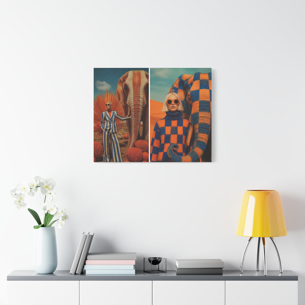 PURETE matte canvas diptych featuring surreal fashion photography with elephants, displayed on a white living room wall.