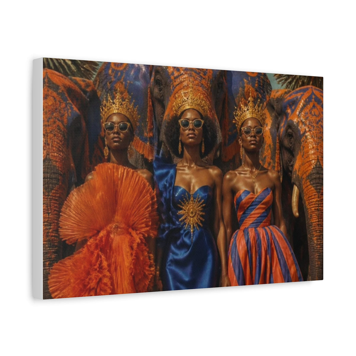 PURETE matte canvas print featuring three women in crowns and sunglasses standing before decorated elephants.