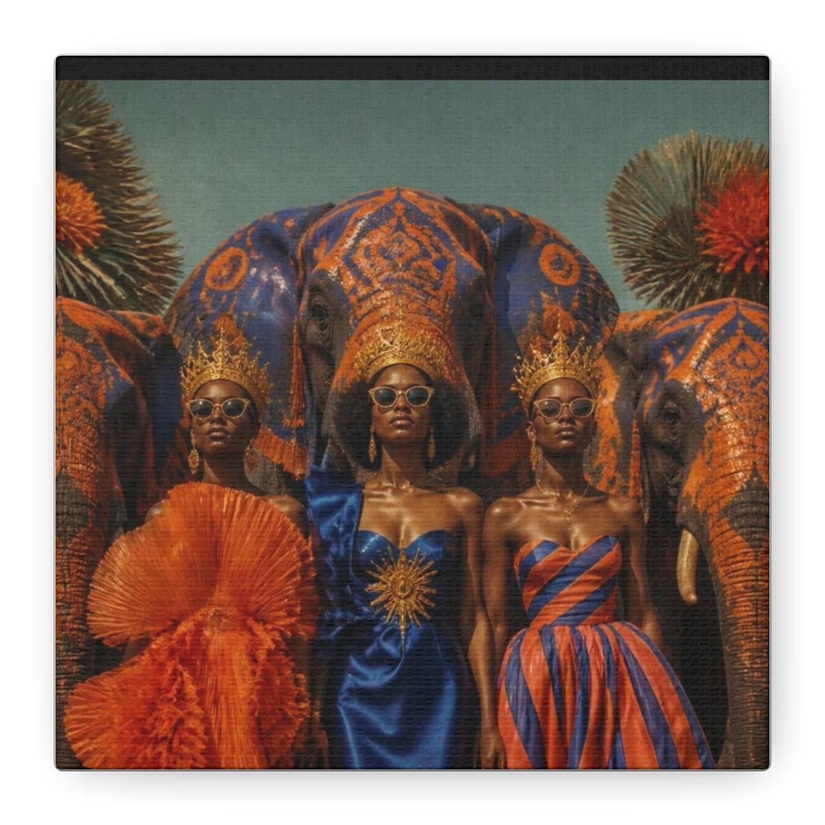PURETE matte canvas print featuring three regal women in crowns and sunglasses standing before ornate elephants.