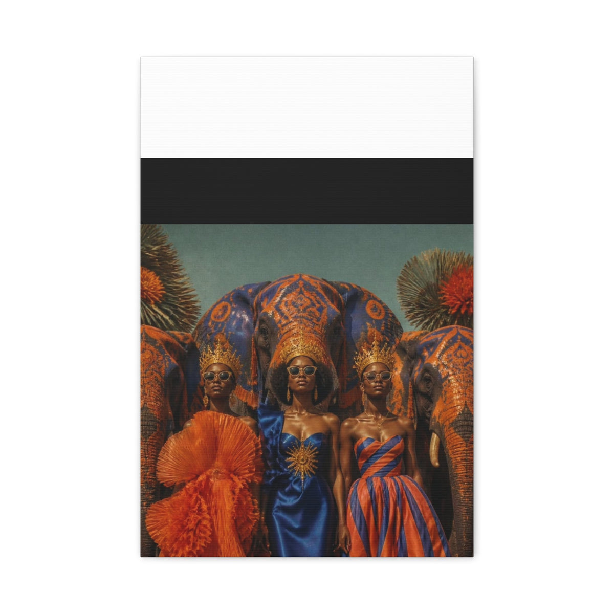PURETE matte canvas print featuring three women in crowns and elegant gowns standing before decorated elephants.