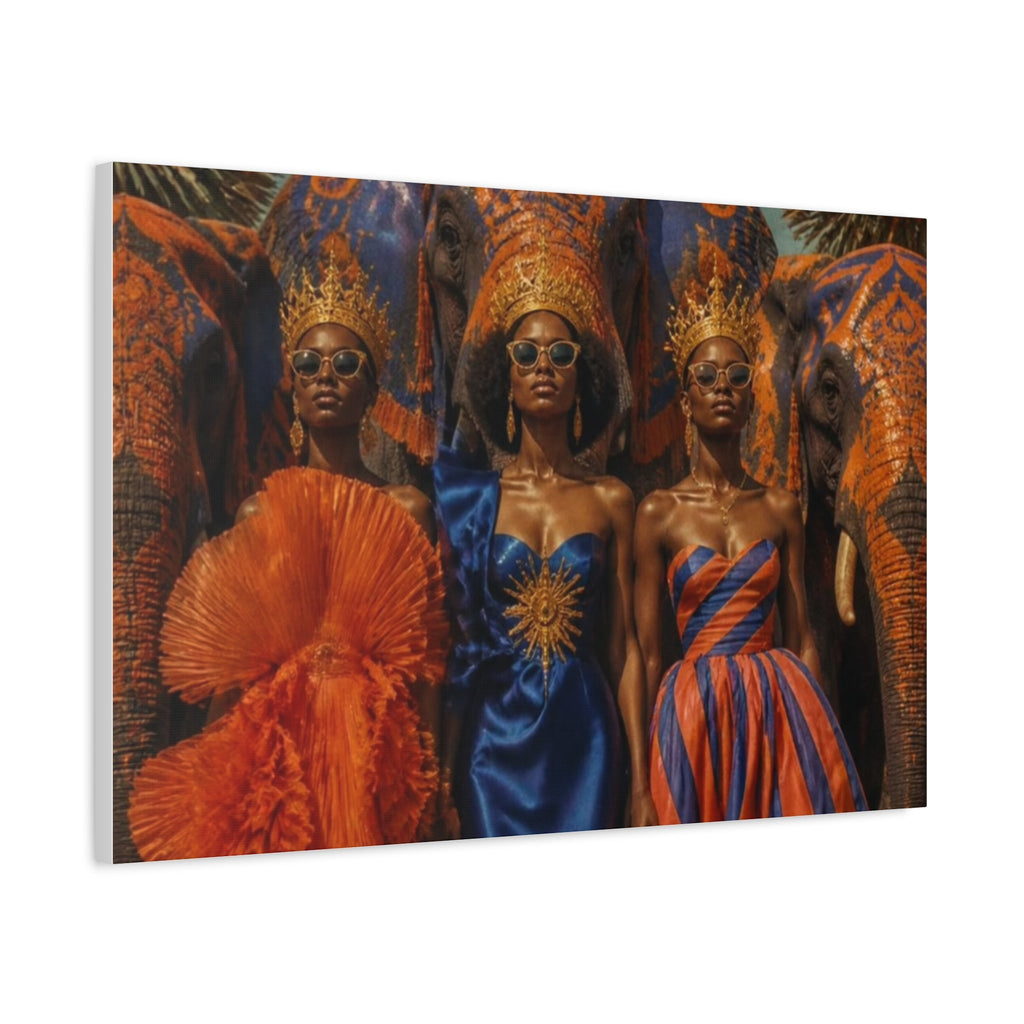 PURETE matte canvas print featuring three regal women in crowns and gowns standing before decorated elephants