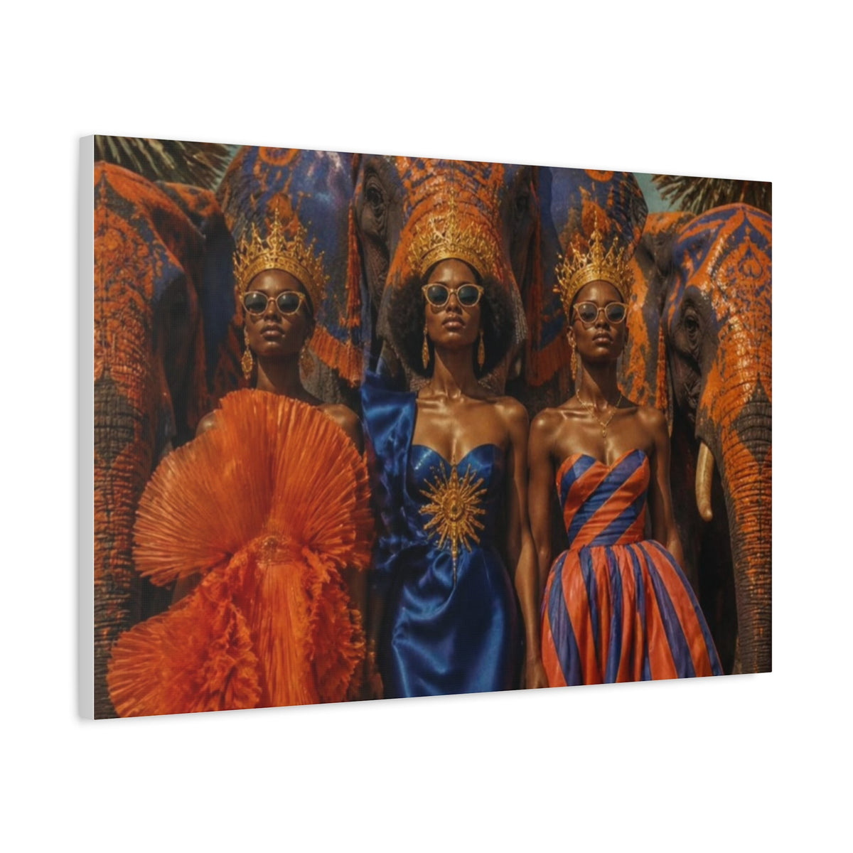 PURETE matte canvas print featuring three regal women in crowns and gowns standing before decorated elephants