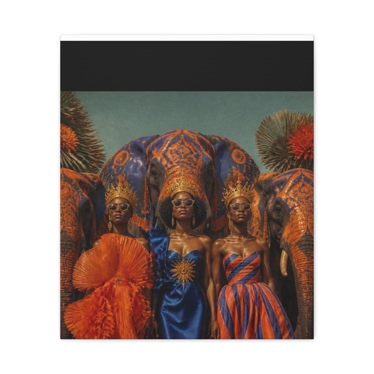 PURETE matte stretched canvas featuring three women in elegant dresses and crowns standing before ornate elephants.