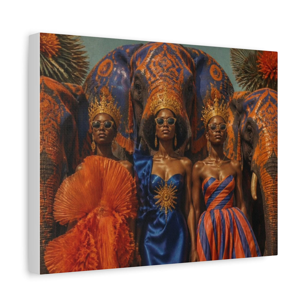 PURETE matte canvas print featuring three regal women in crowns and sunglasses standing before ornate painted elephants.