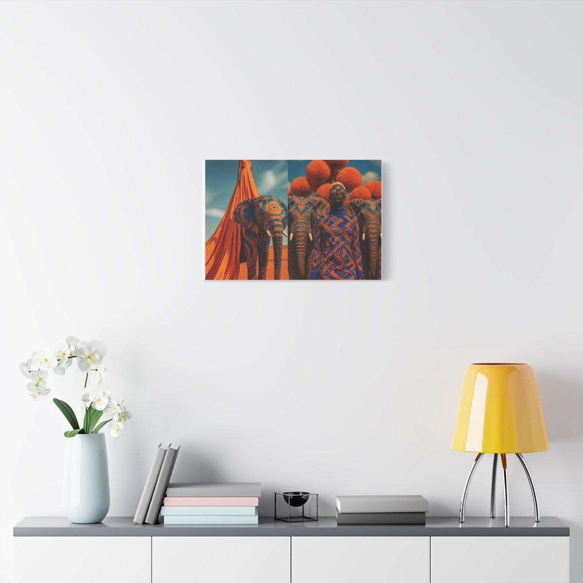 PURETE matte canvas featuring vibrant African-inspired elephant and portrait art hanging on a clean white wall.