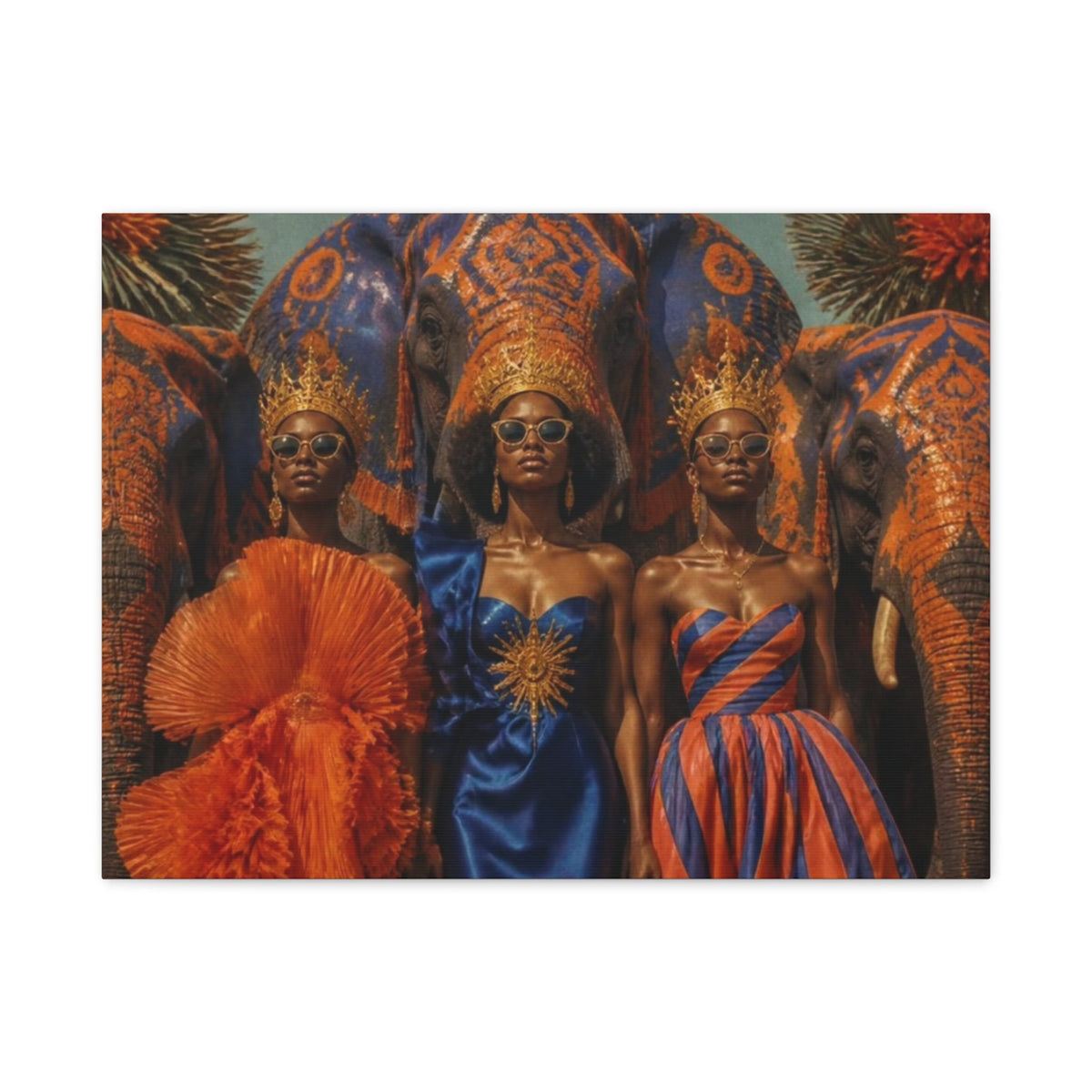 PURETE matte canvas print featuring three regal women in crowns and sunglasses standing before decorated elephants