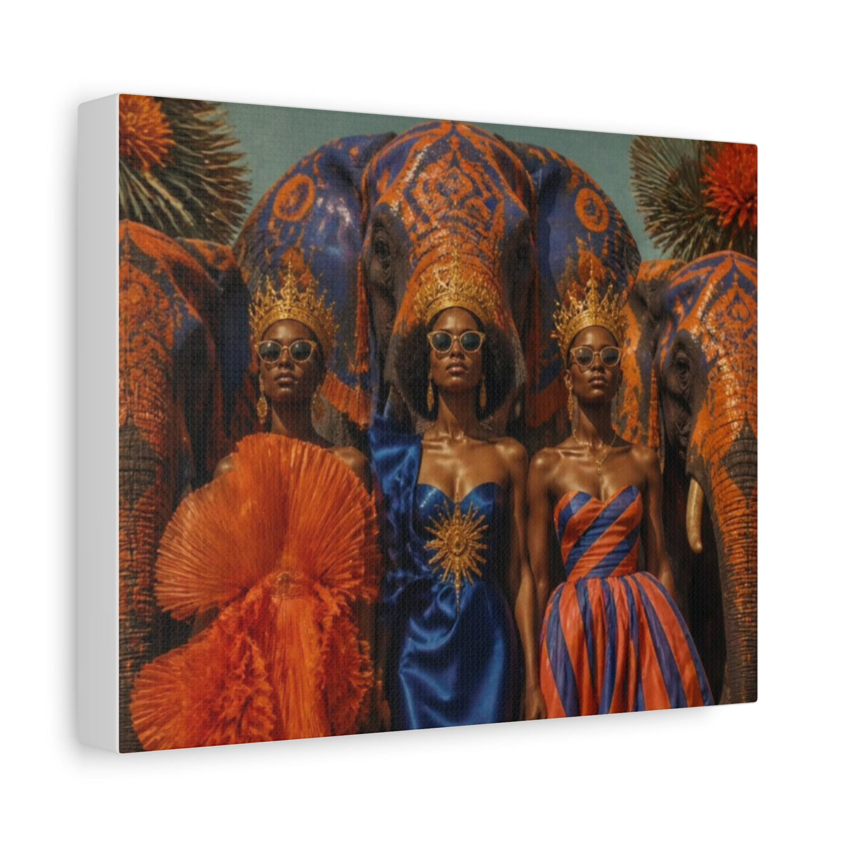 PURETE matte canvas print featuring three women in crowns and sunglasses standing before ornate painted elephants.