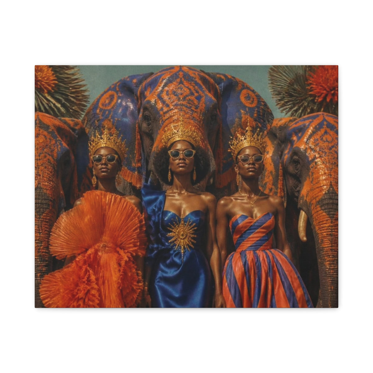 PURETE matte canvas print featuring three regal women in crowns and gowns standing before ornate elephants