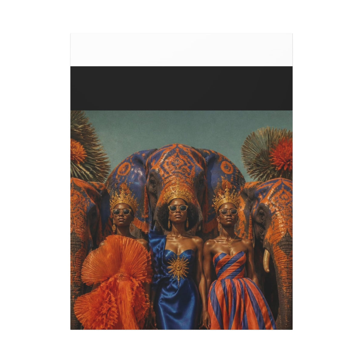 PURETE matte canvas print featuring three regal women in crowns and gowns standing before ornate painted elephants.