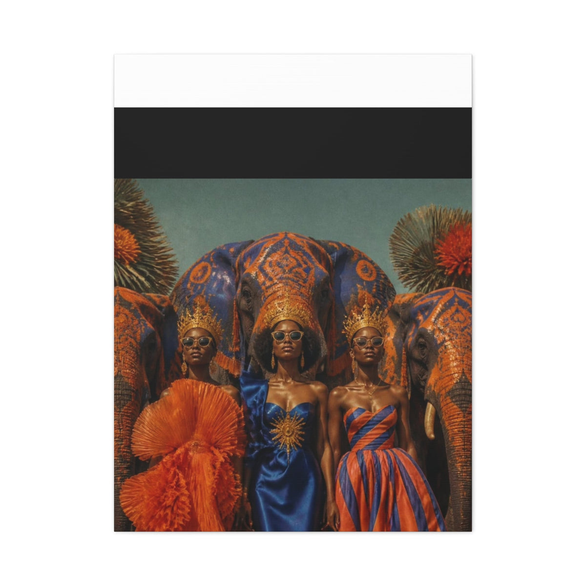 PURETE matte canvas print featuring three women in crowns and elegant dresses standing before decorated elephants