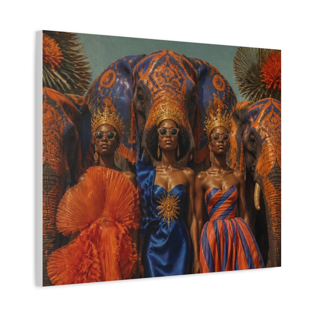 PURETE matte canvas print featuring three women in crowns and sunglasses standing before ornate painted elephants