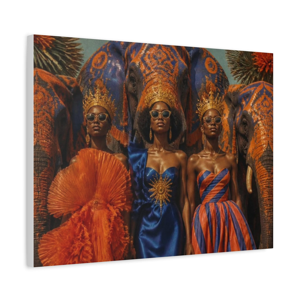 PURETE matte canvas print featuring three women in crowns and gowns standing before ornate elephants in vibrant colors