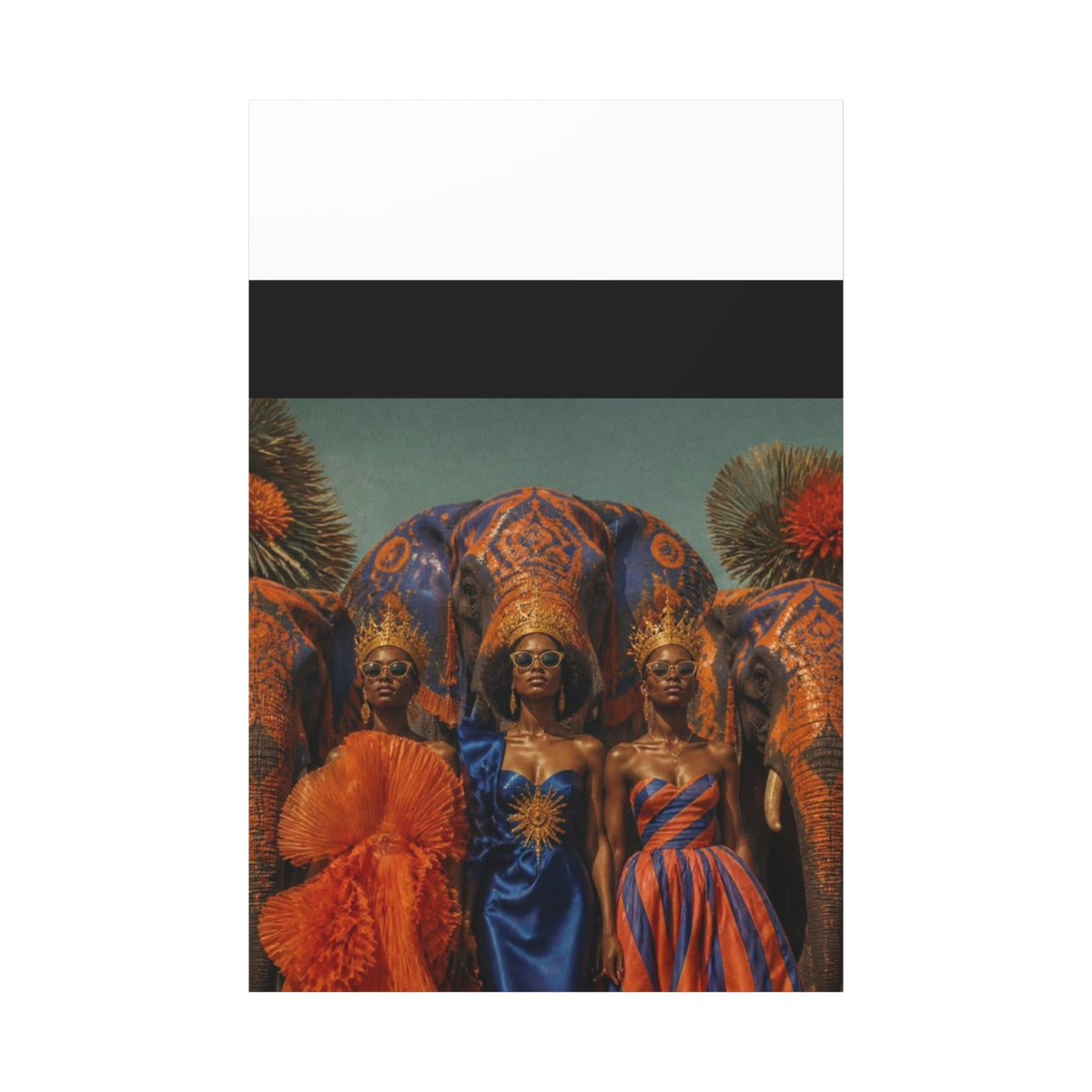PURETE matte canvas print featuring three regal women in crowns and vibrant gowns standing before ornate elephants.