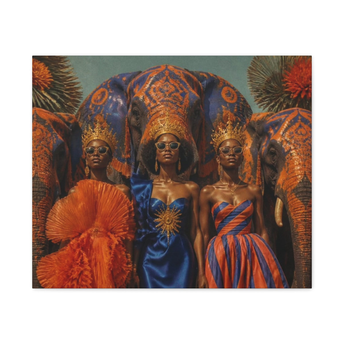 PURETE matte canvas print featuring three women in crowns and elegant dresses standing before decorated elephants.