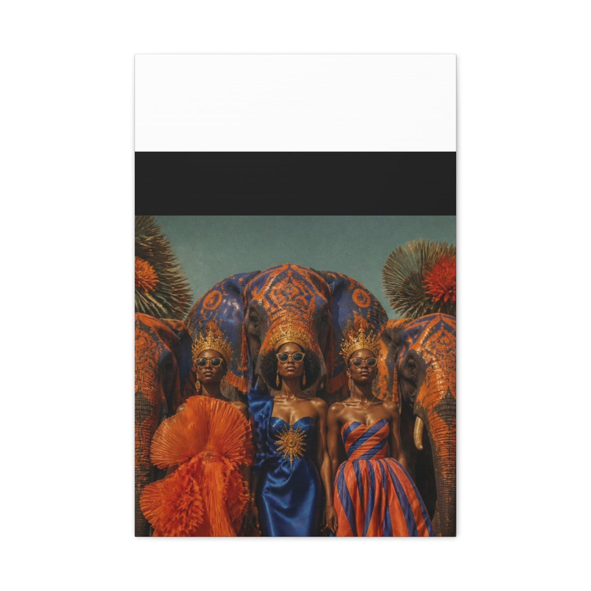 PURETE matte canvas featuring three women in crowns and elegant gowns standing before decorated elephants
