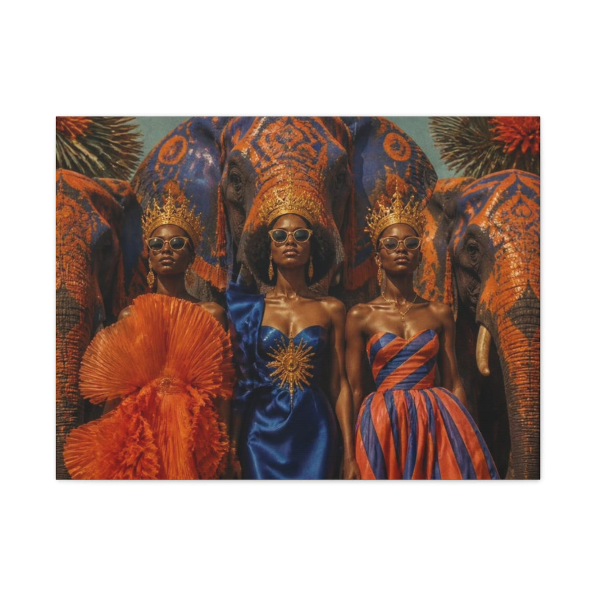 PURETE matte canvas print featuring three regal women in crowns and gowns standing before ornate painted elephants.