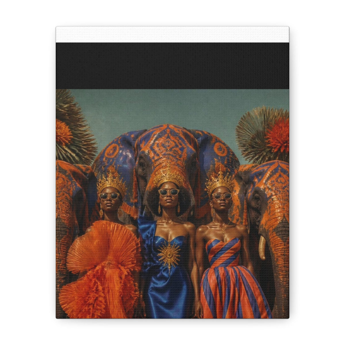 PURETE matte canvas print featuring three elegant women in crowns and gowns standing before ornate painted elephants.