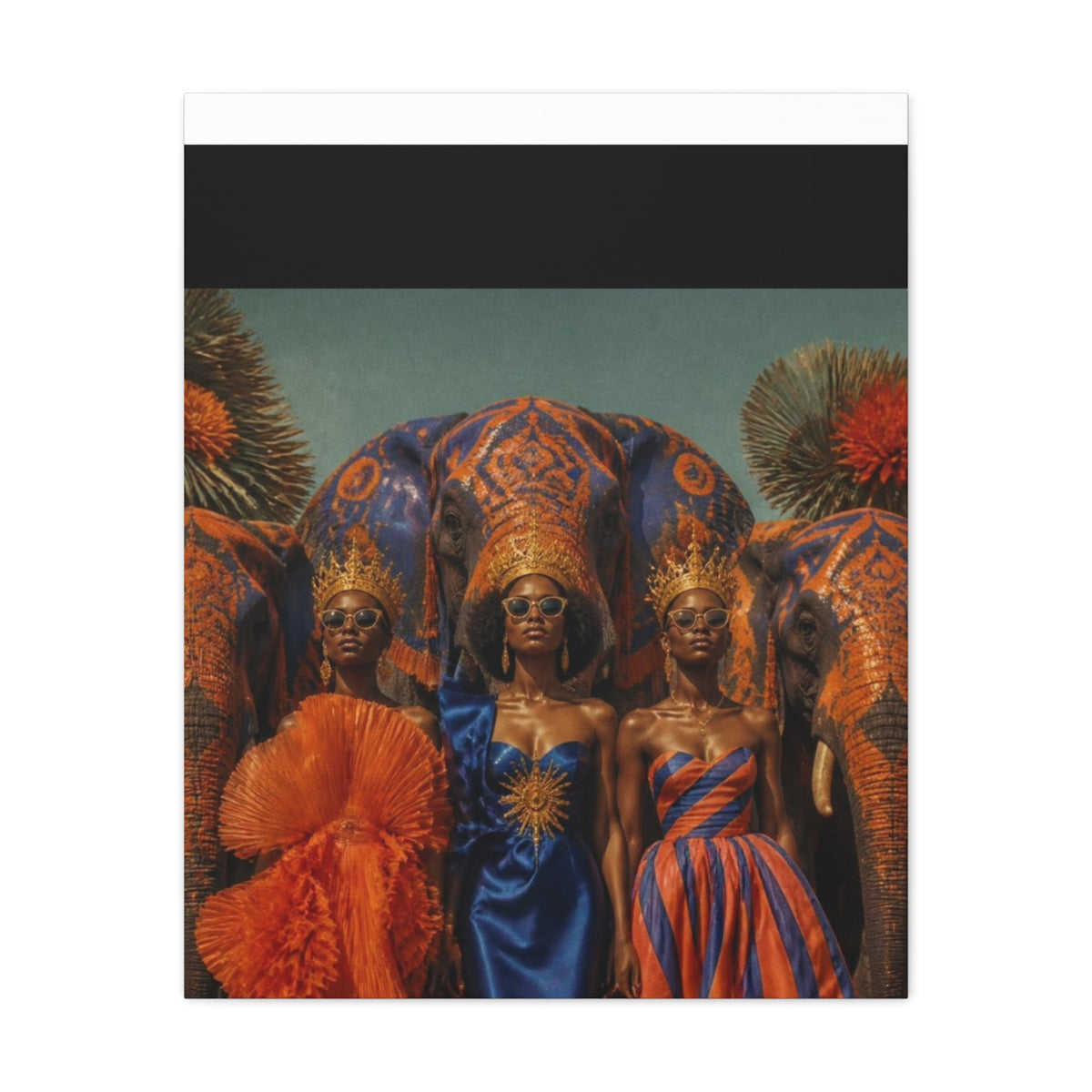 PURETE matte stretched canvas featuring three regal women in vibrant dresses and crowns standing before elephants.
