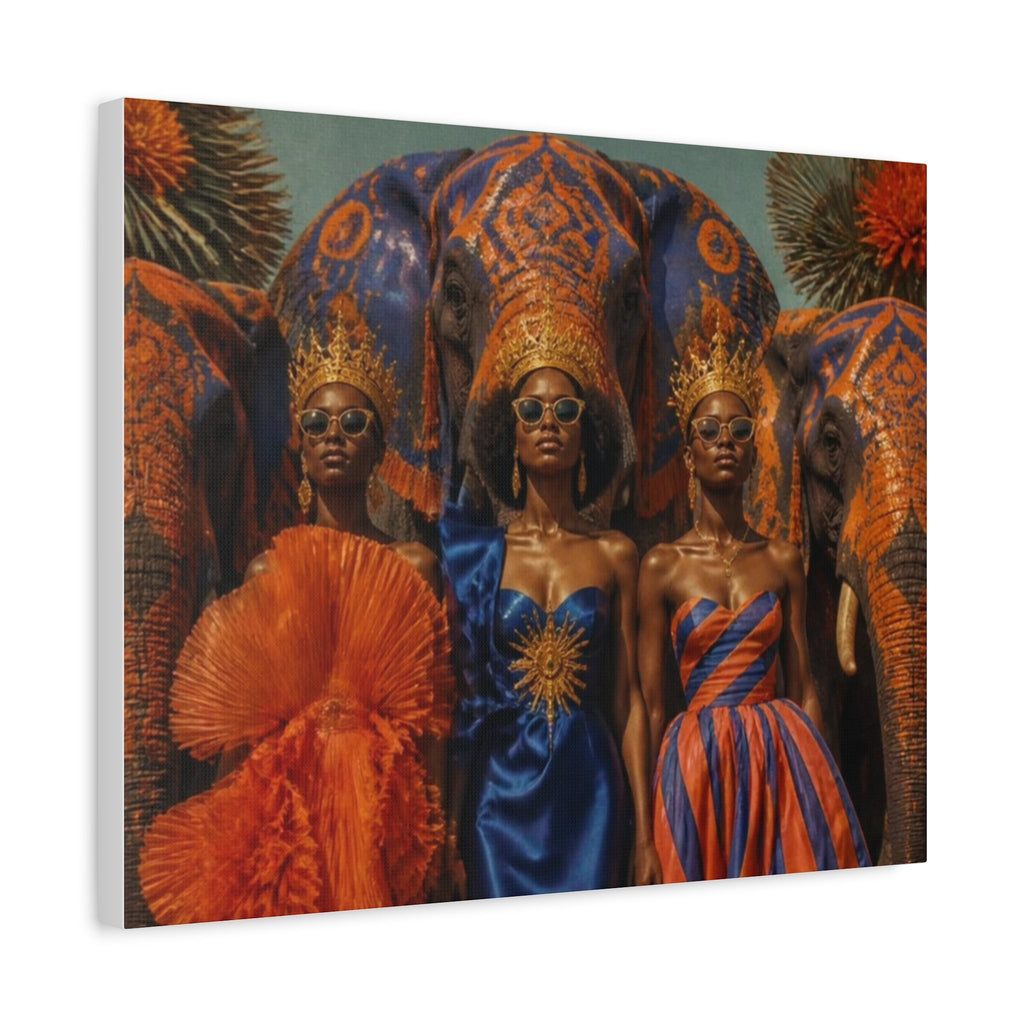 PURETE matte canvas print featuring three women in crowns and sunglasses standing before ornate painted elephants.