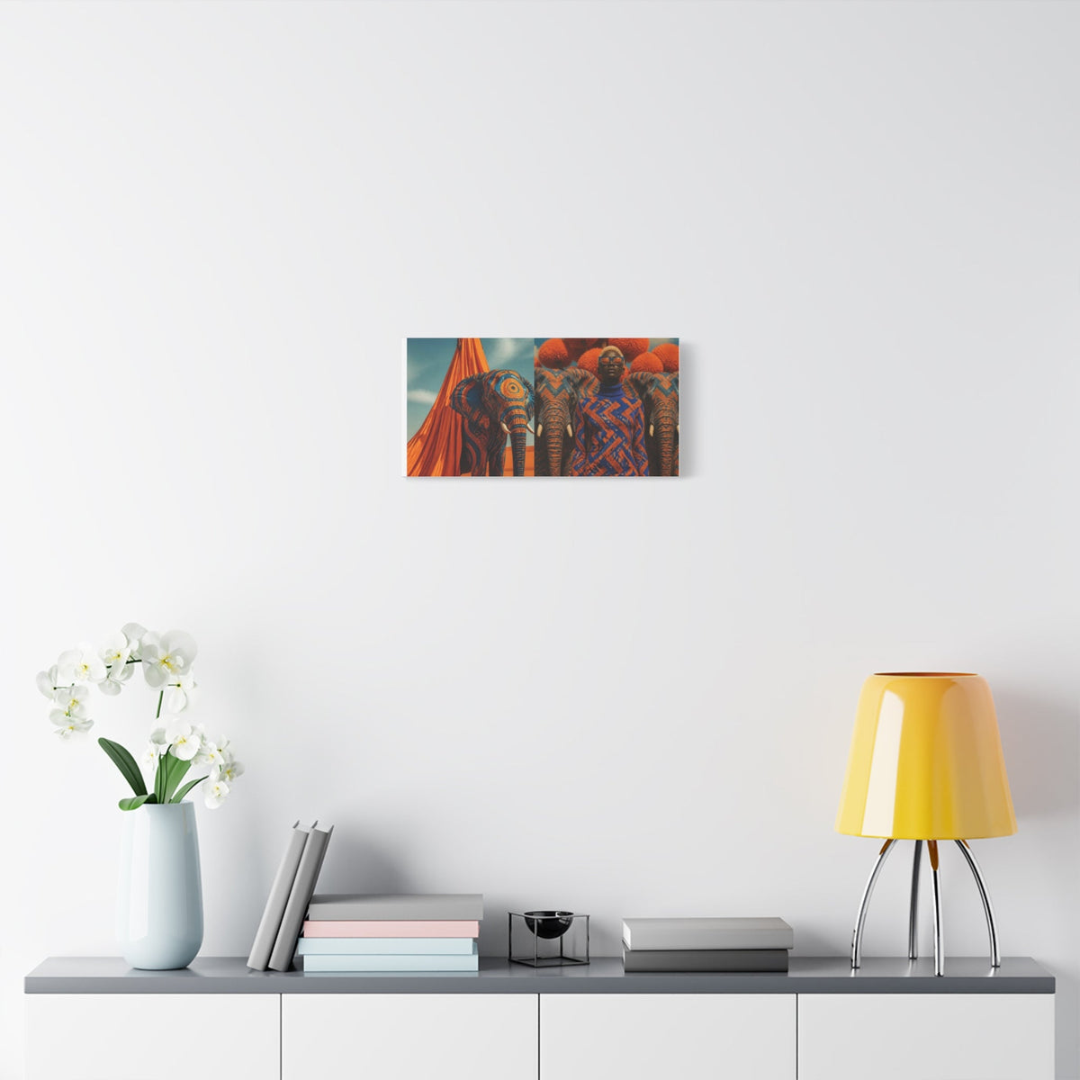 PURETE matte canvas print featuring an elephant and person in vibrant patterns, displayed on a minimalist white wall.
