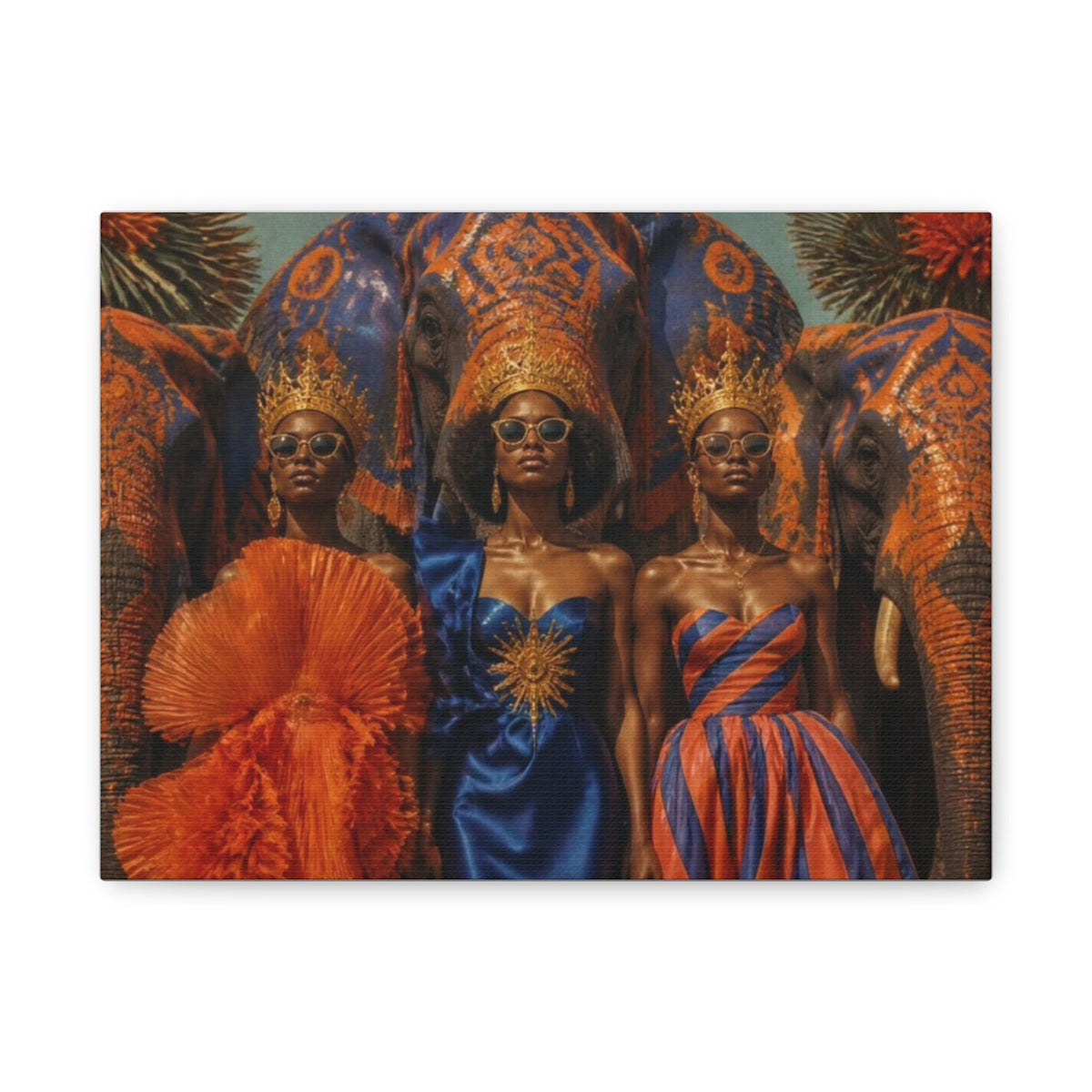 PURETE matte canvas print featuring three regal women in crowns and sunglasses standing before ornate elephants.