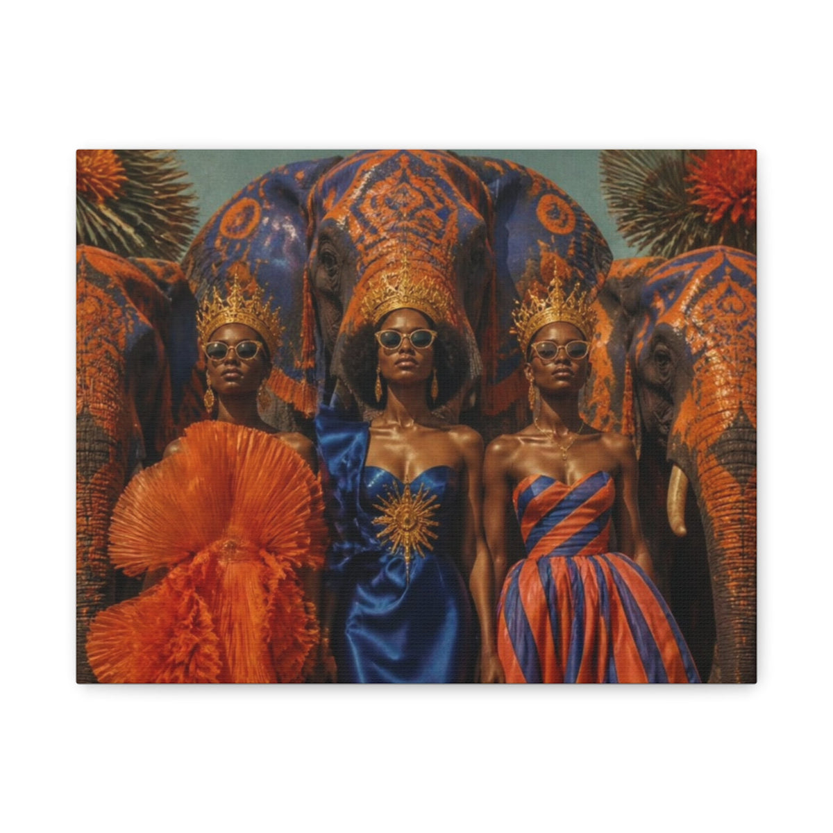 PURETE matte canvas featuring three women in crowns and sunglasses standing before ornate, decorated elephants.