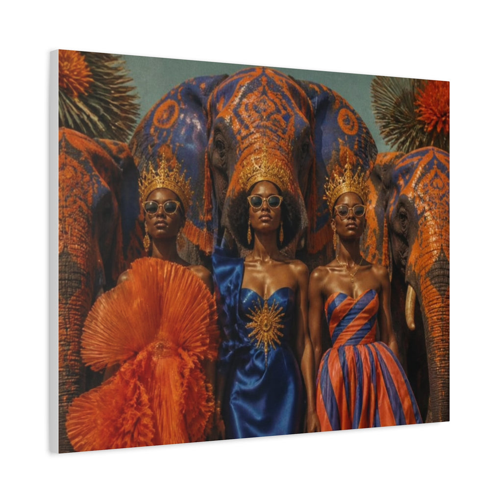 PURETE matte canvas print featuring three regal women in crowns and sunglasses standing before ornate painted elephants.