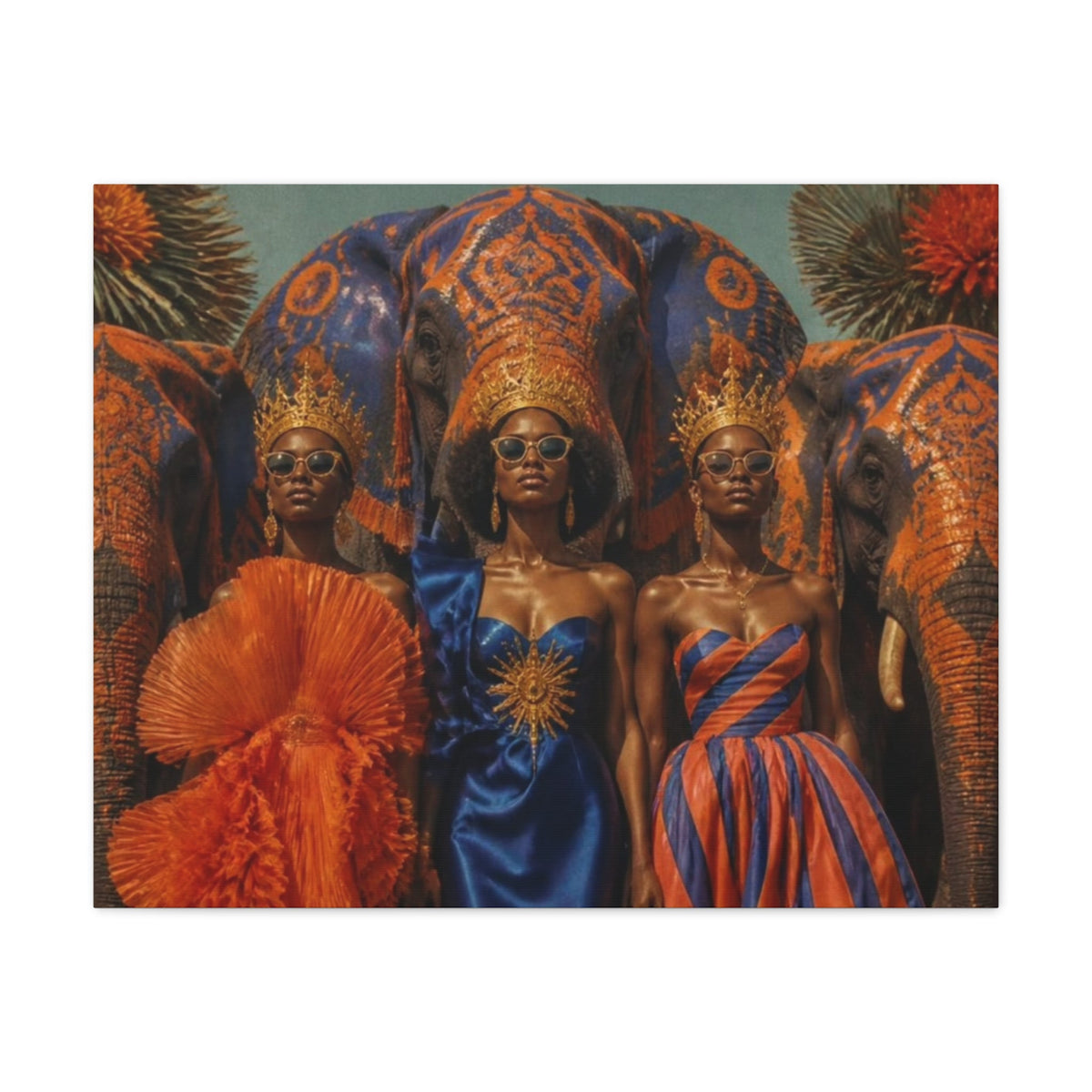 PURETE matte canvas print featuring three regal women in crowns and sunglasses standing before decorated elephants.