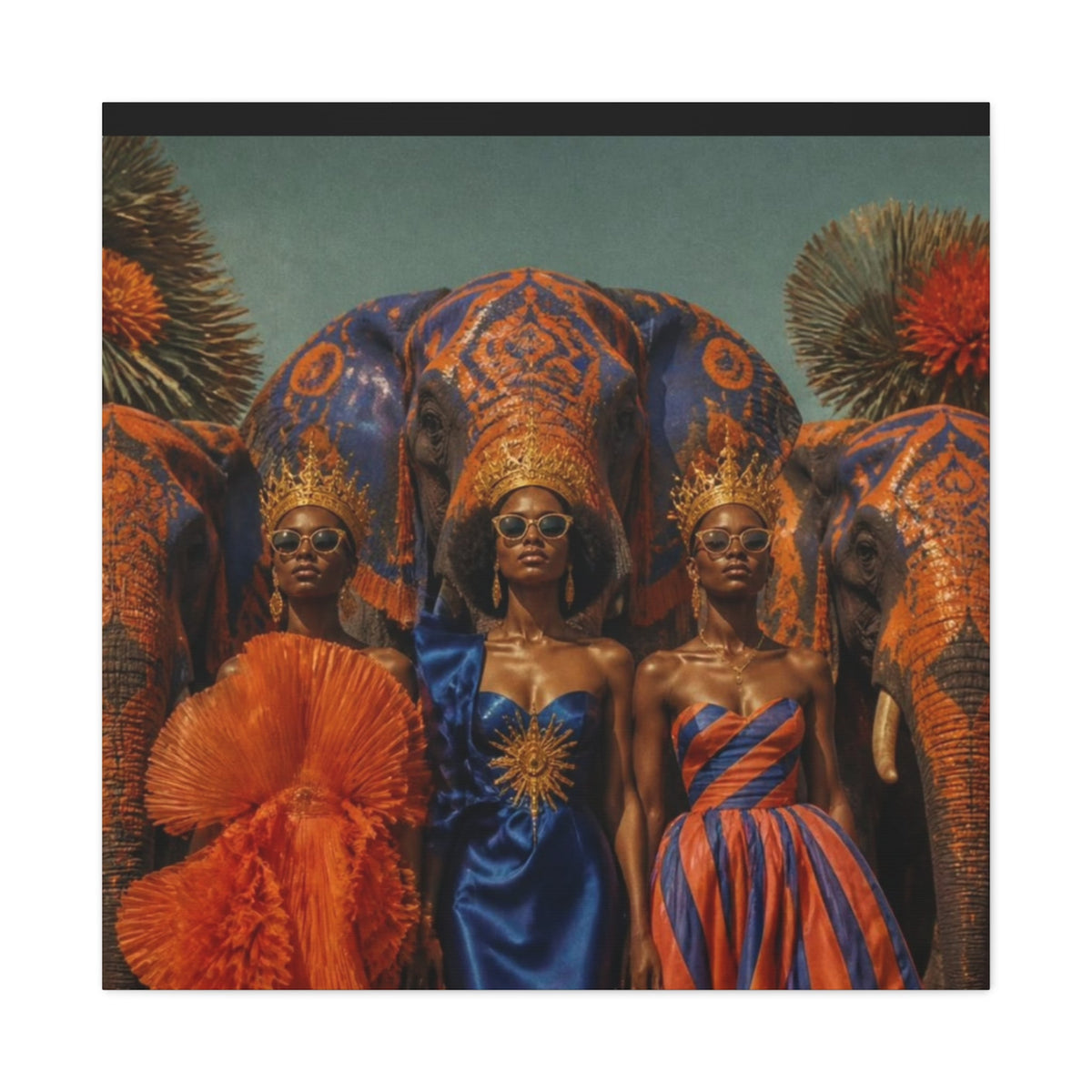 PURETE matte canvas featuring three regal women in crowns and sunglasses standing before ornate painted elephants