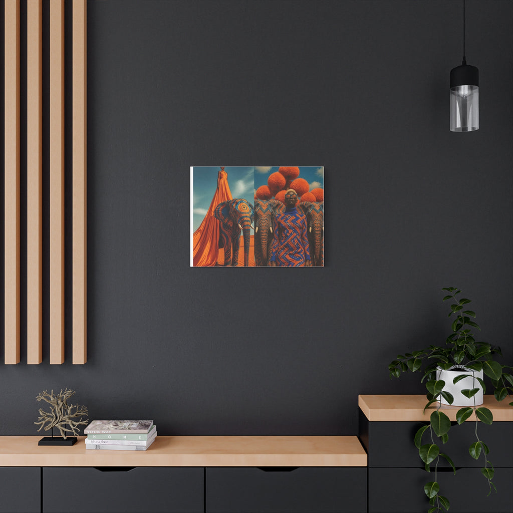 PURETE matte canvas featuring vibrant elephant and tribal art hanging on a dark grey wall above a wooden console table