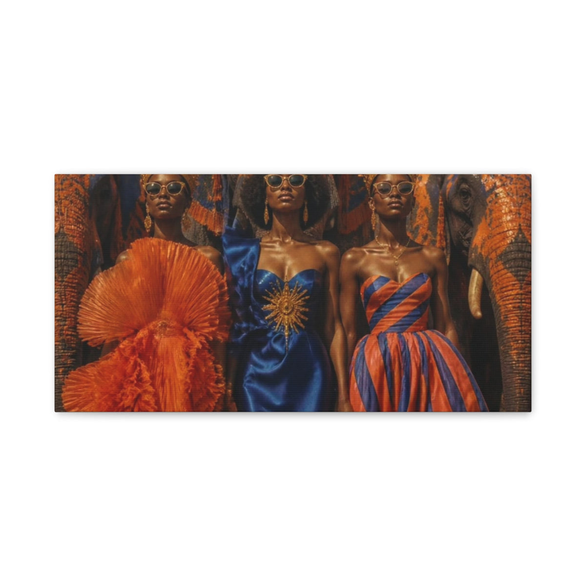 PURETE matte canvas print featuring three women in vibrant gowns standing before elephants in a warm-toned scene.
